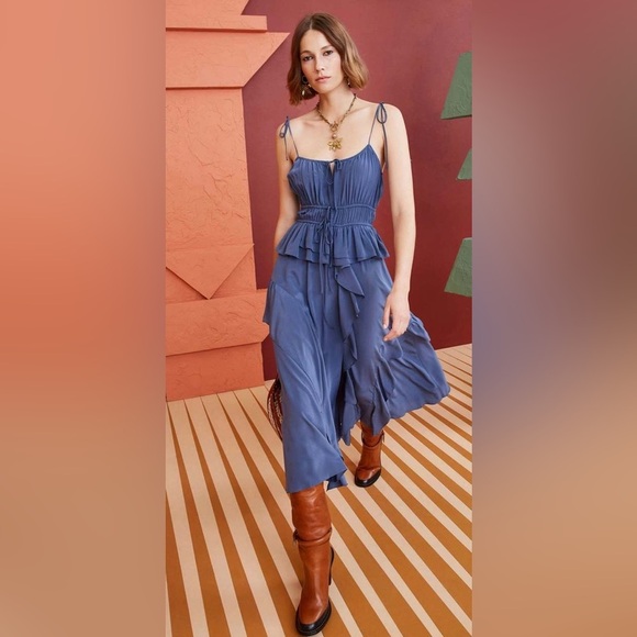 ULLA JOHNSON Livinia ruffled gathered silk midi dress in Indigo Blue 0 NWT 765$ - Picture 5 of 10